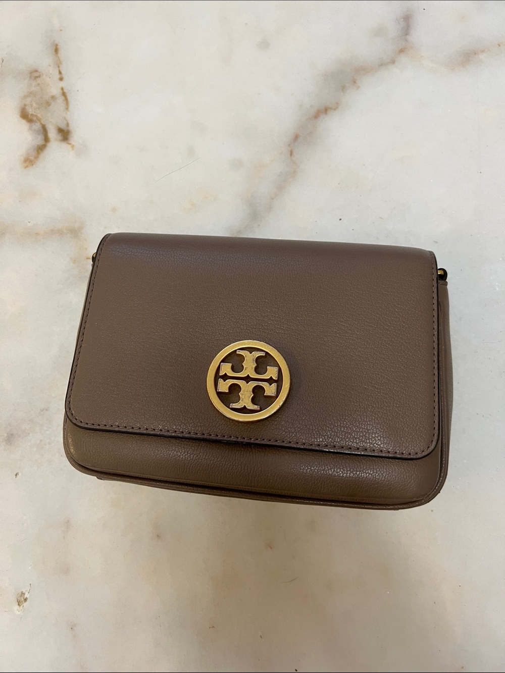 Tory Burch Taupe Leather Crossbody with Gold Logo - Picture 12 of 13